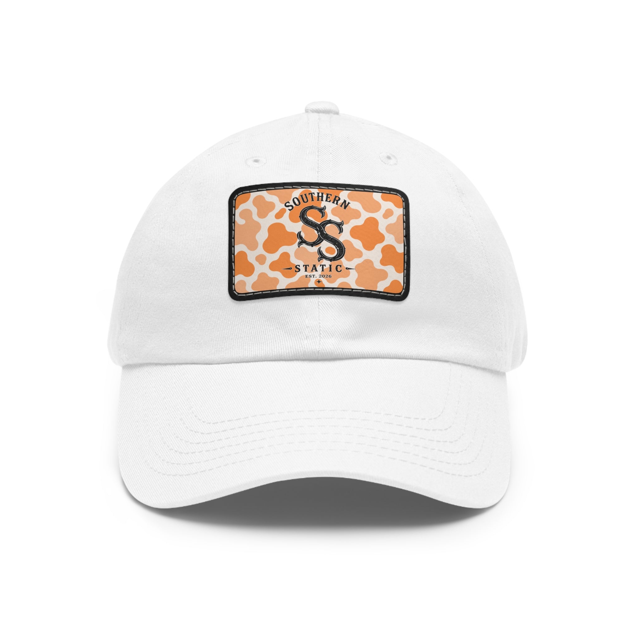 Leather Patch Dad Hat — Southern Static Monogram on Orange Camo