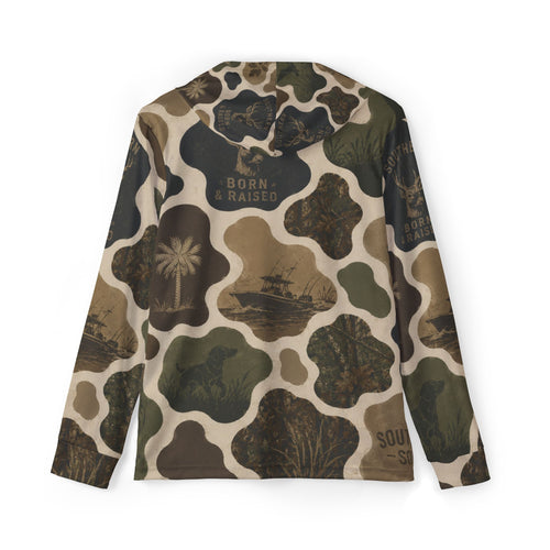 Camo Heritage All-Over Print Hoodie — "Born & Raised" Outdoor Graphic