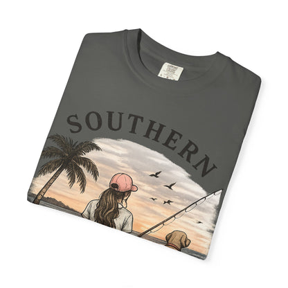 Southern Static Fishing T-Shirt — Woman & Dog Beach Sunset Tee