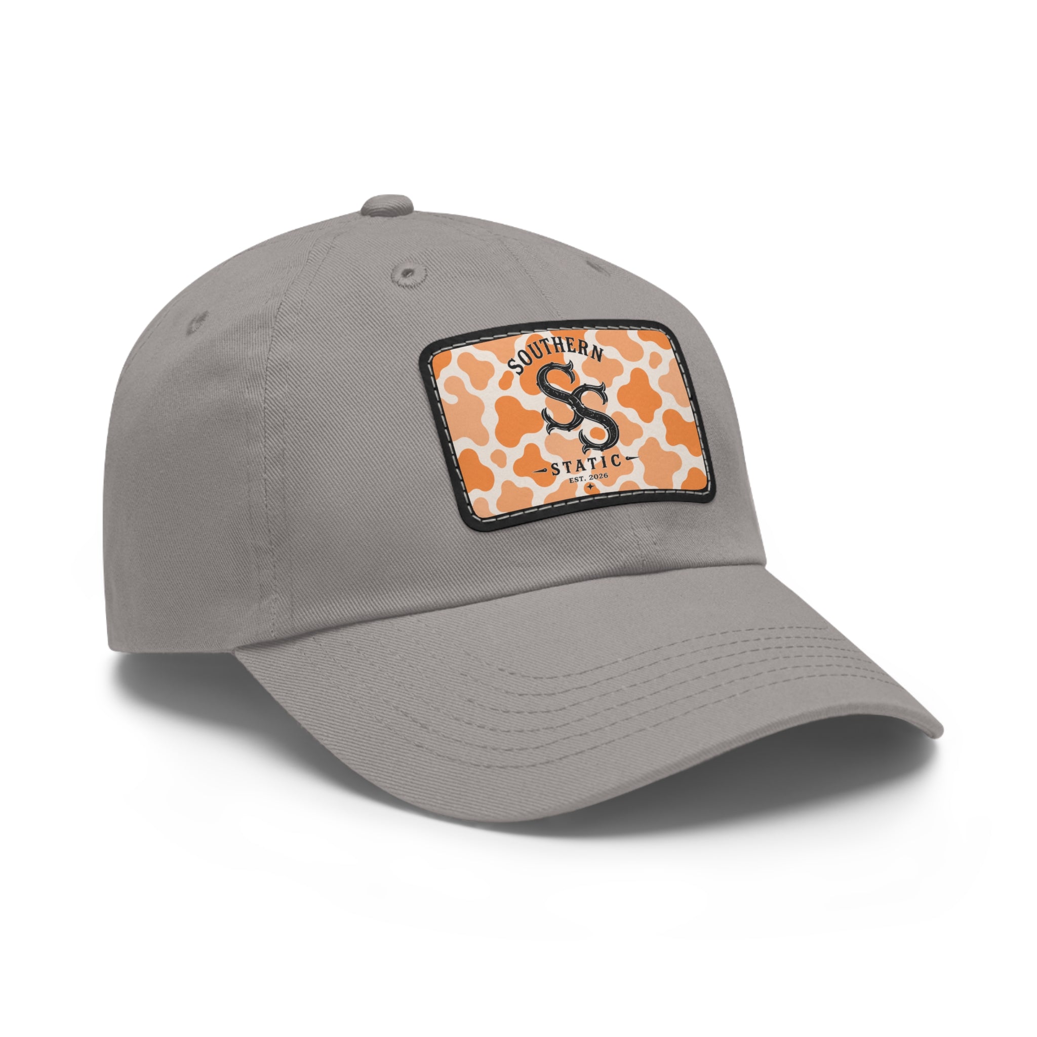 Leather Patch Dad Hat — Southern Static Monogram on Orange Camo