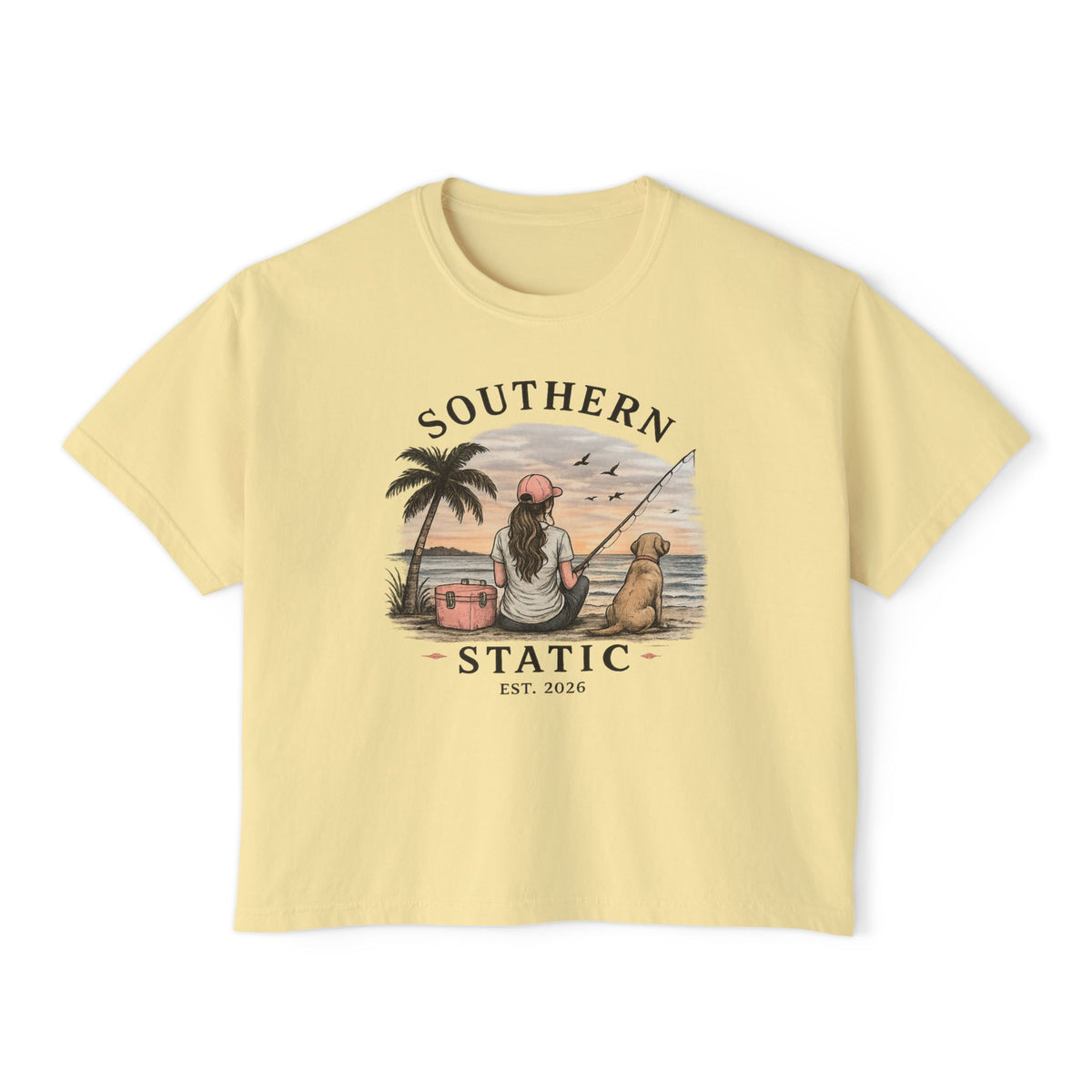 Southern Static Fishing Boxy Tee — Women's Beach Sunset Graphic T-Shirt