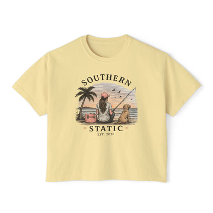 Southern Static Fishing Boxy Tee — Women's Beach Sunset Graphic T-Shirt