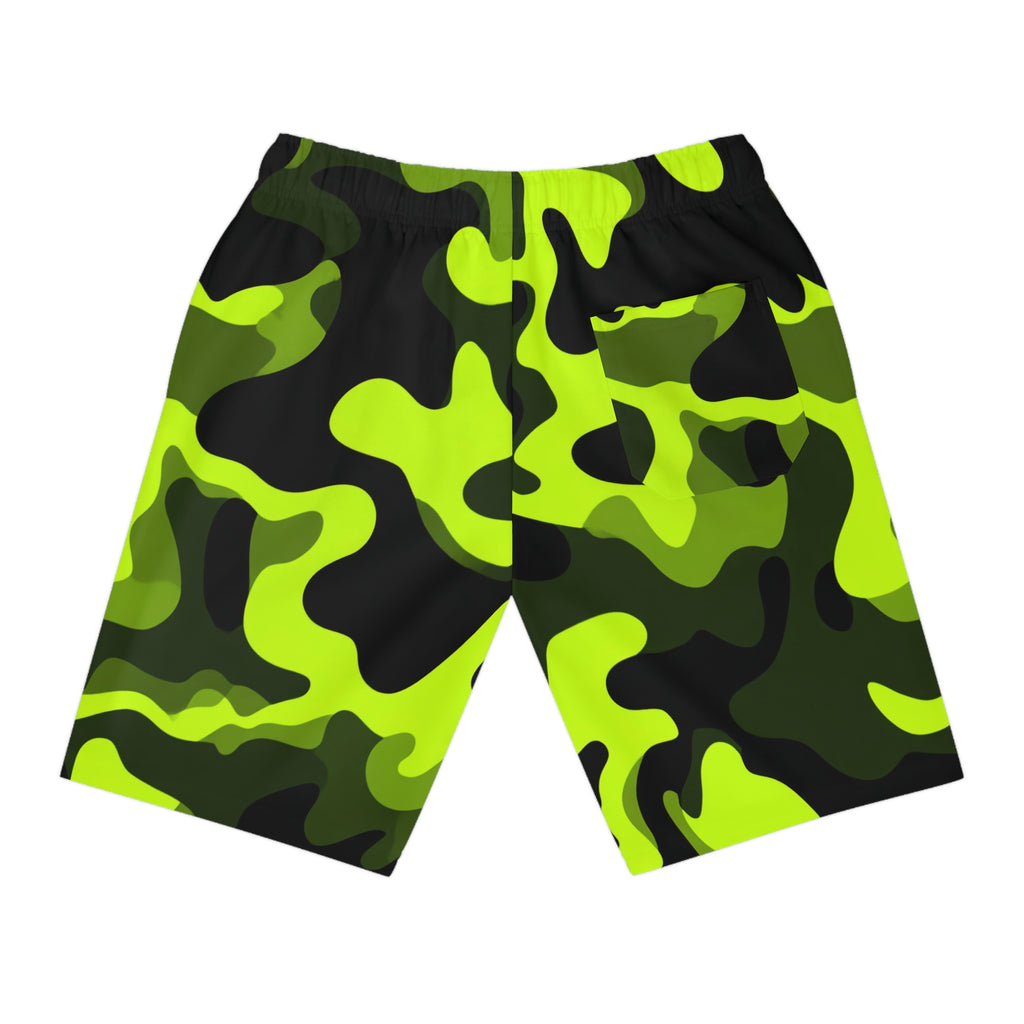 Neon Camo Athletic Shorts — High-Visibility Green Performance Trunks