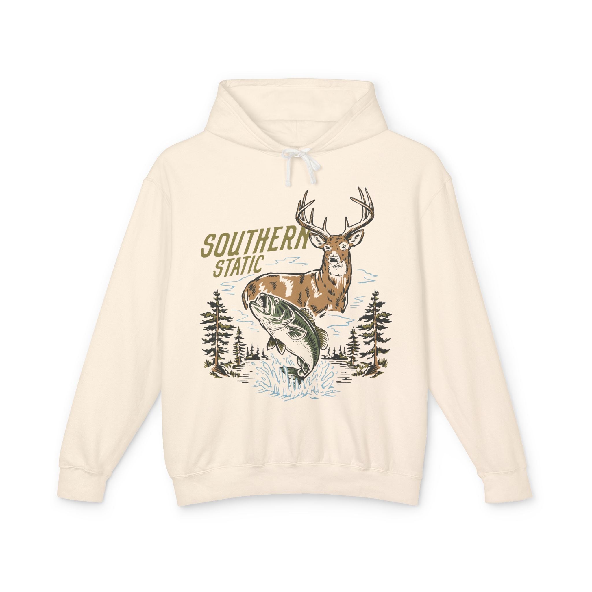 Southern Static Wildlife Hoodie — Deer & Bass Fishing Graphic