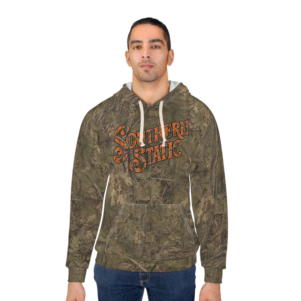 Camo “Southern Static” Pullover Hoodie — Retro Orange logo Hunting Hoodie