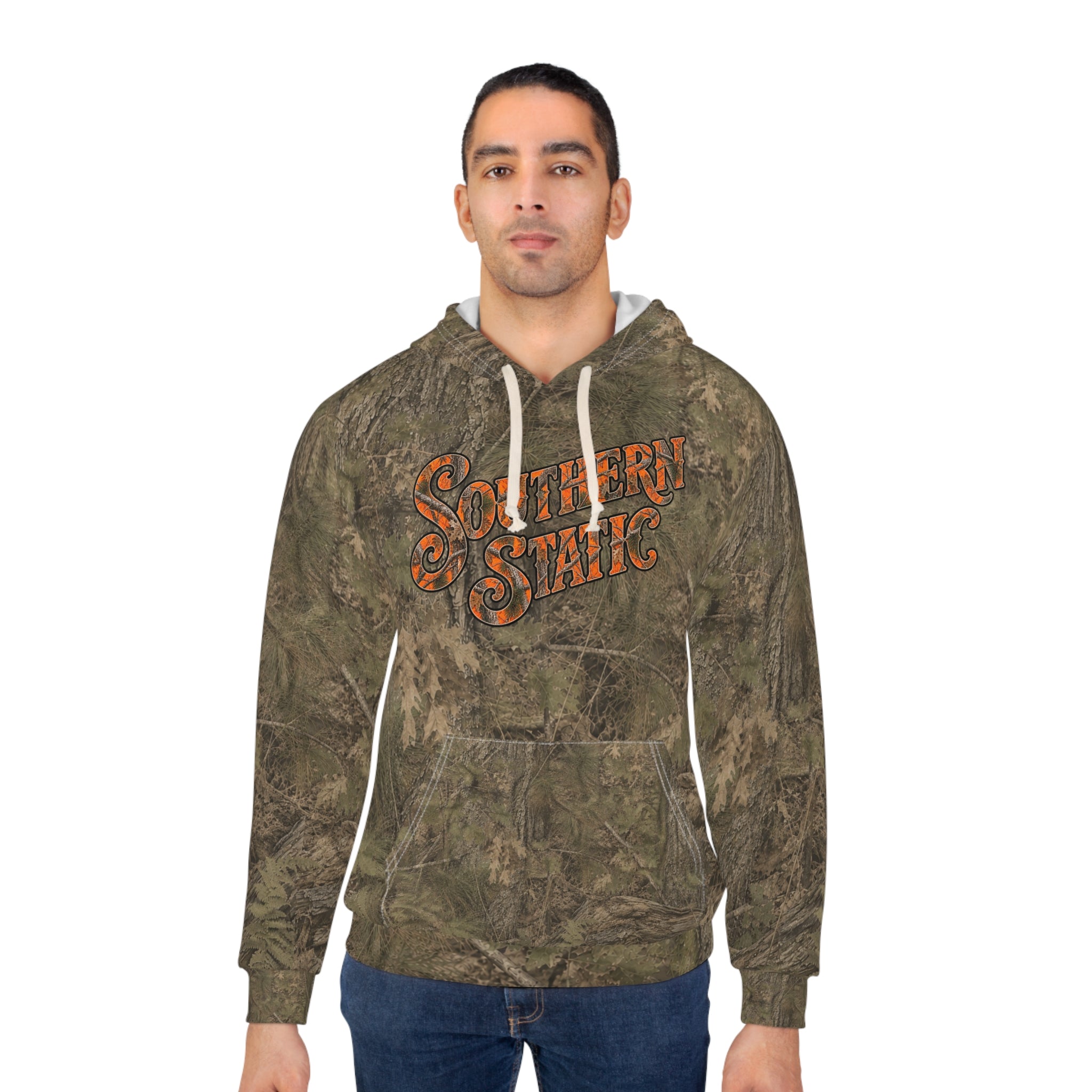 Camo “Southern Static” Pullover Hoodie — Retro Orange logo Hunting Hoodie
