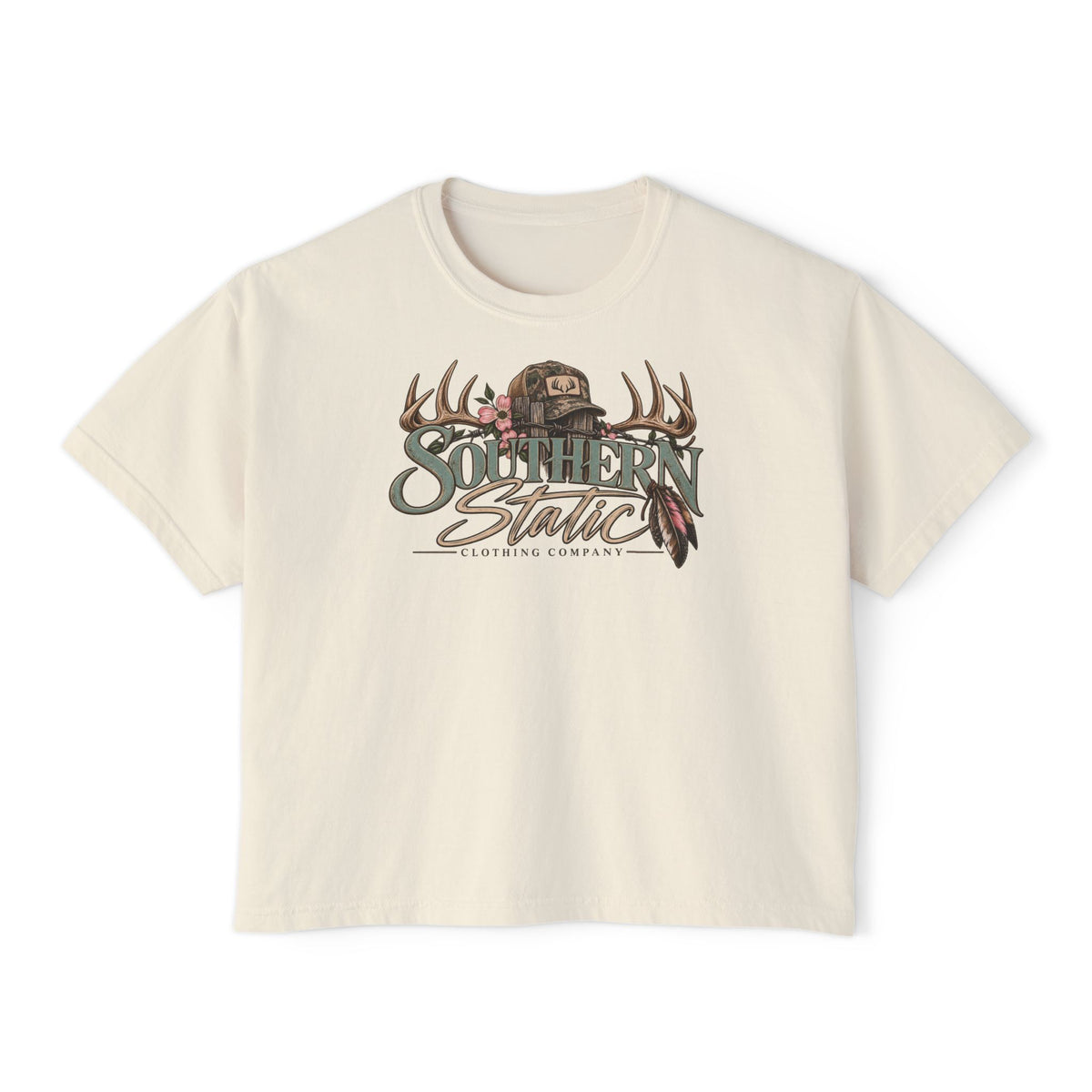 Southern Static Boxy Tee — Outdoorsy Women's Graphic T-Shirt (Antlers & Cap Design)
