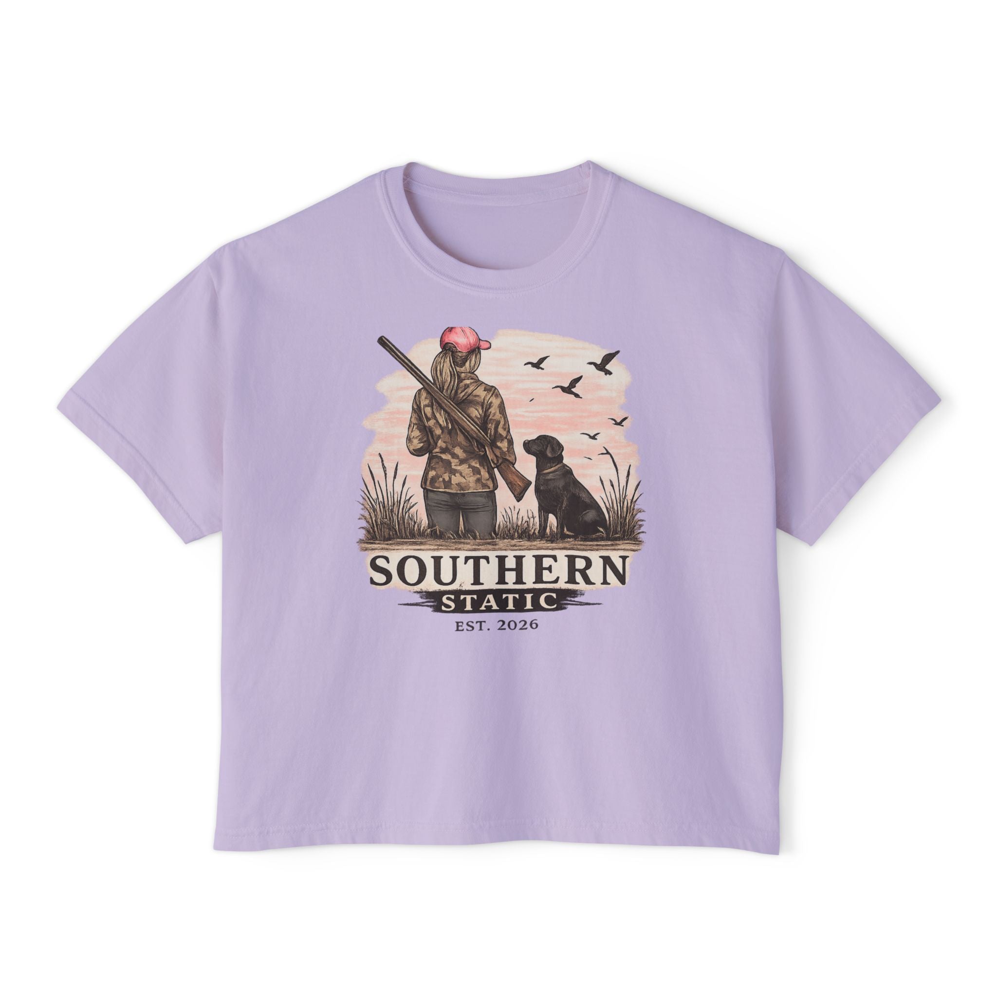 Southern Station Women's Boxy Tee — Duck Hunting Girl & Dog Graphic