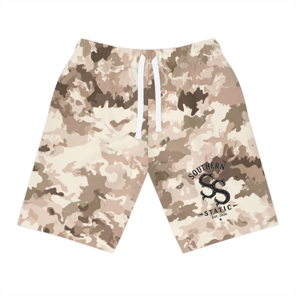 Camo Athletic Long Shorts — Desert Tan All-Over Print