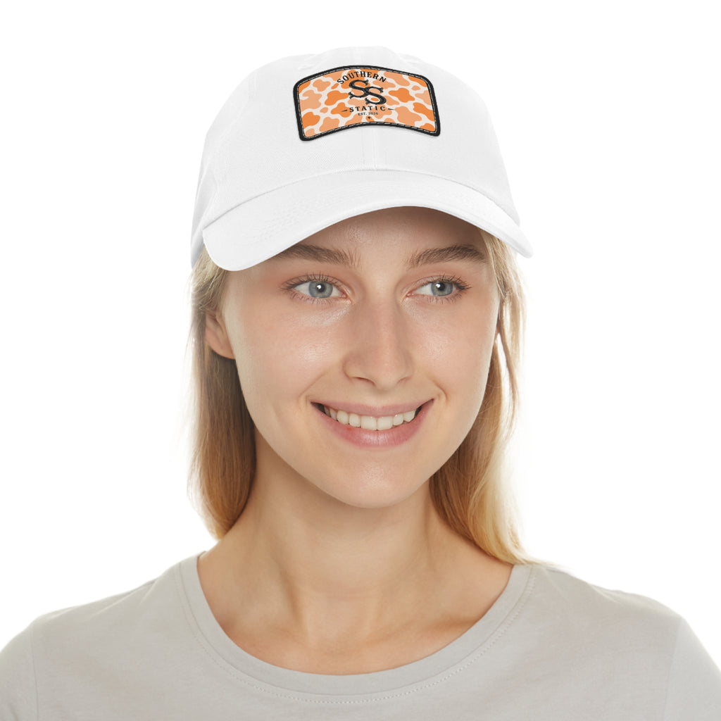 Leather Patch Dad Hat — Southern Static Monogram on Orange Camo