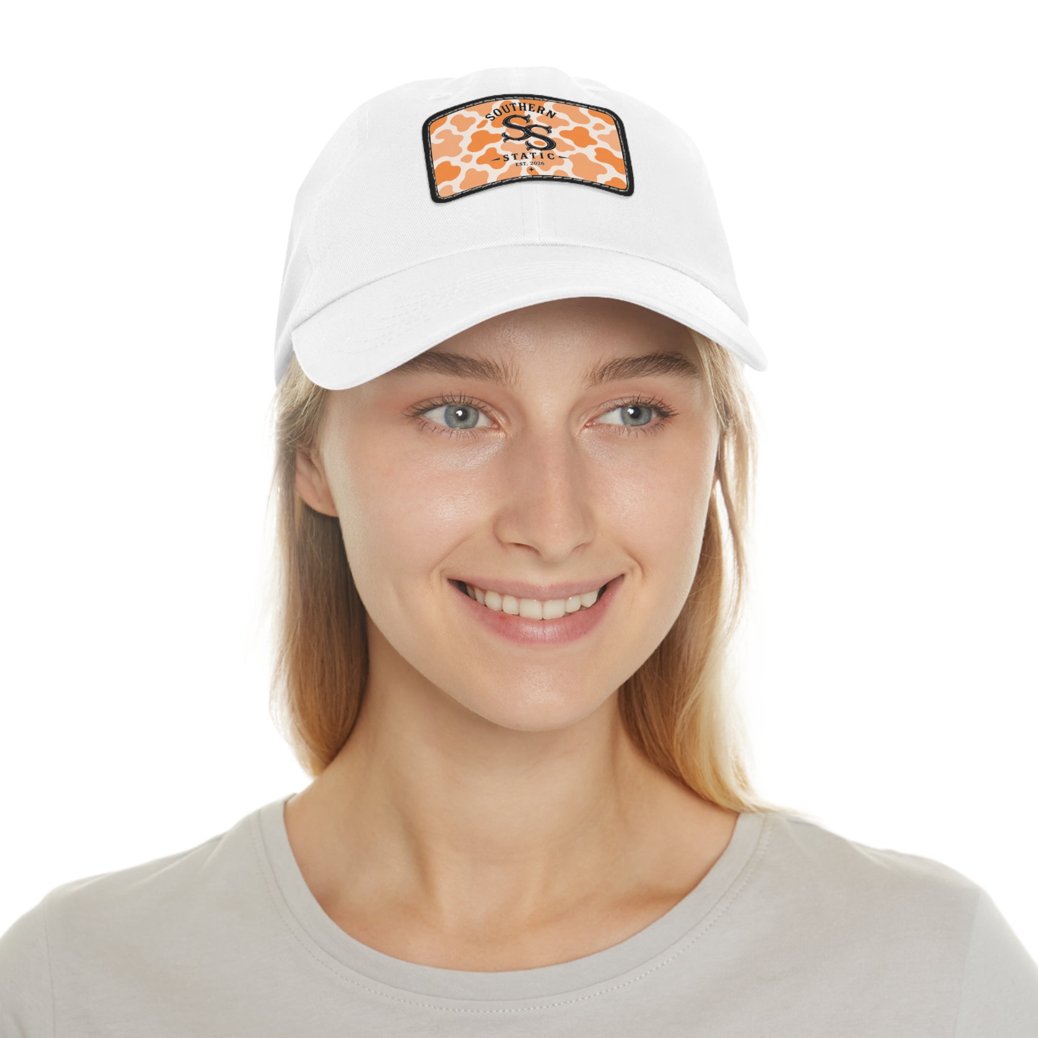 Leather Patch Dad Hat — Southern Static Monogram on Orange Camo