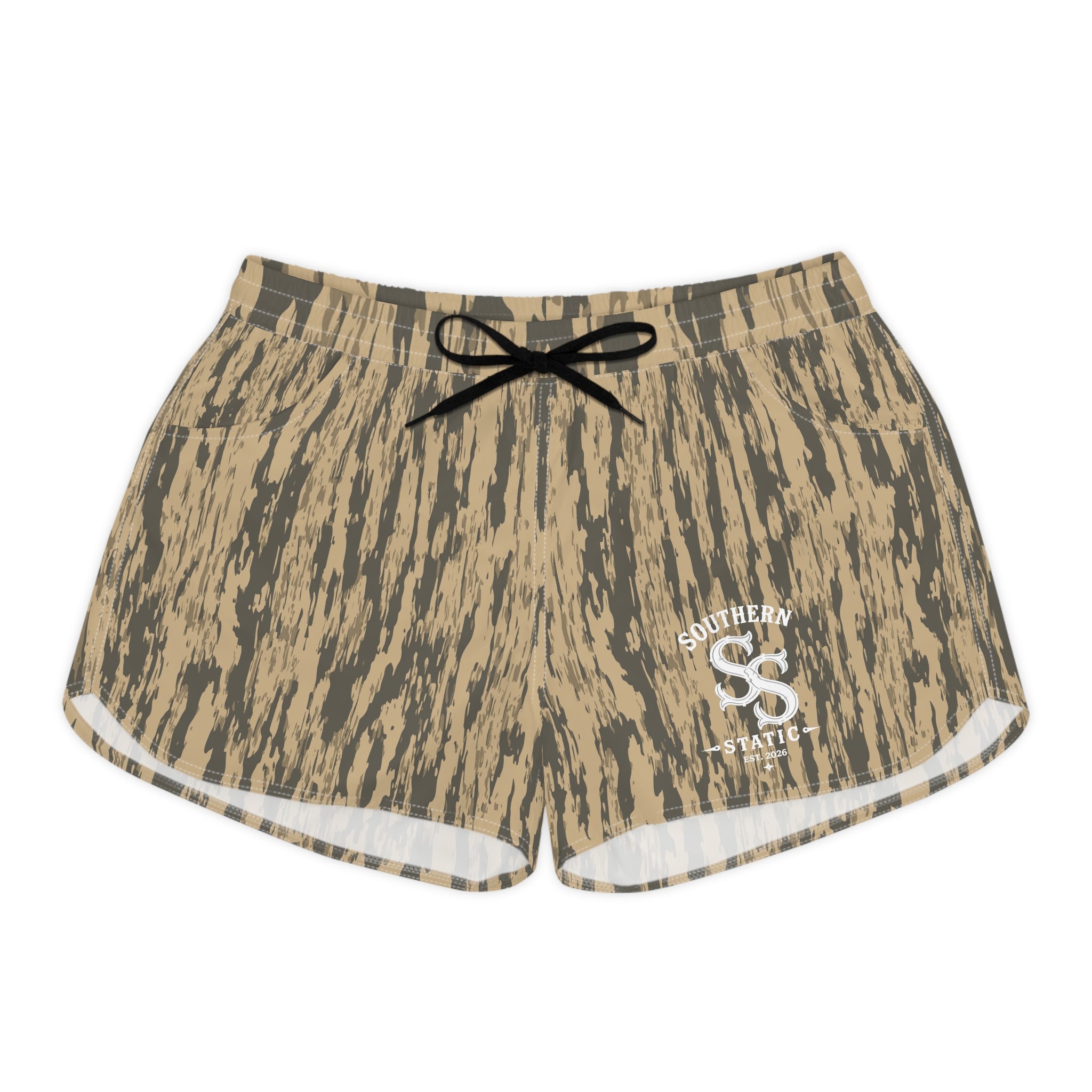 Women’s Casual Shorts — Beige Camo Tiger Stripe Print with 'SS' Logo