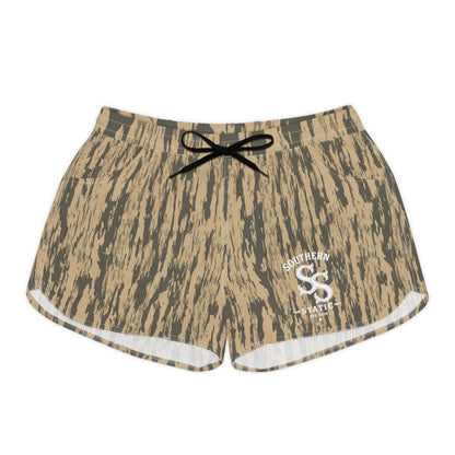 Women’s Casual Shorts — Beige Camo Tiger Stripe Print with 'SS' Logo