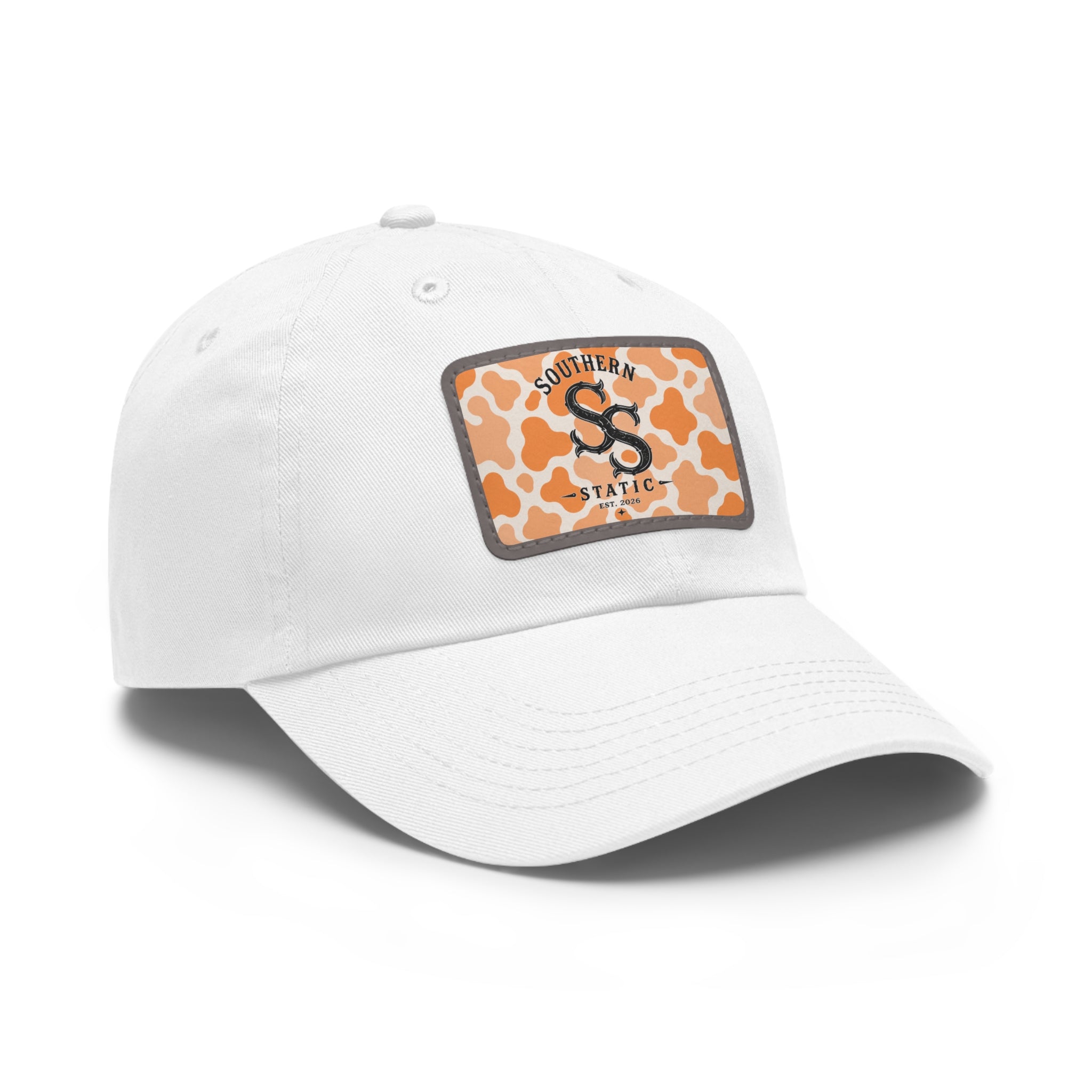 Leather Patch Dad Hat — Southern Static Monogram on Orange Camo
