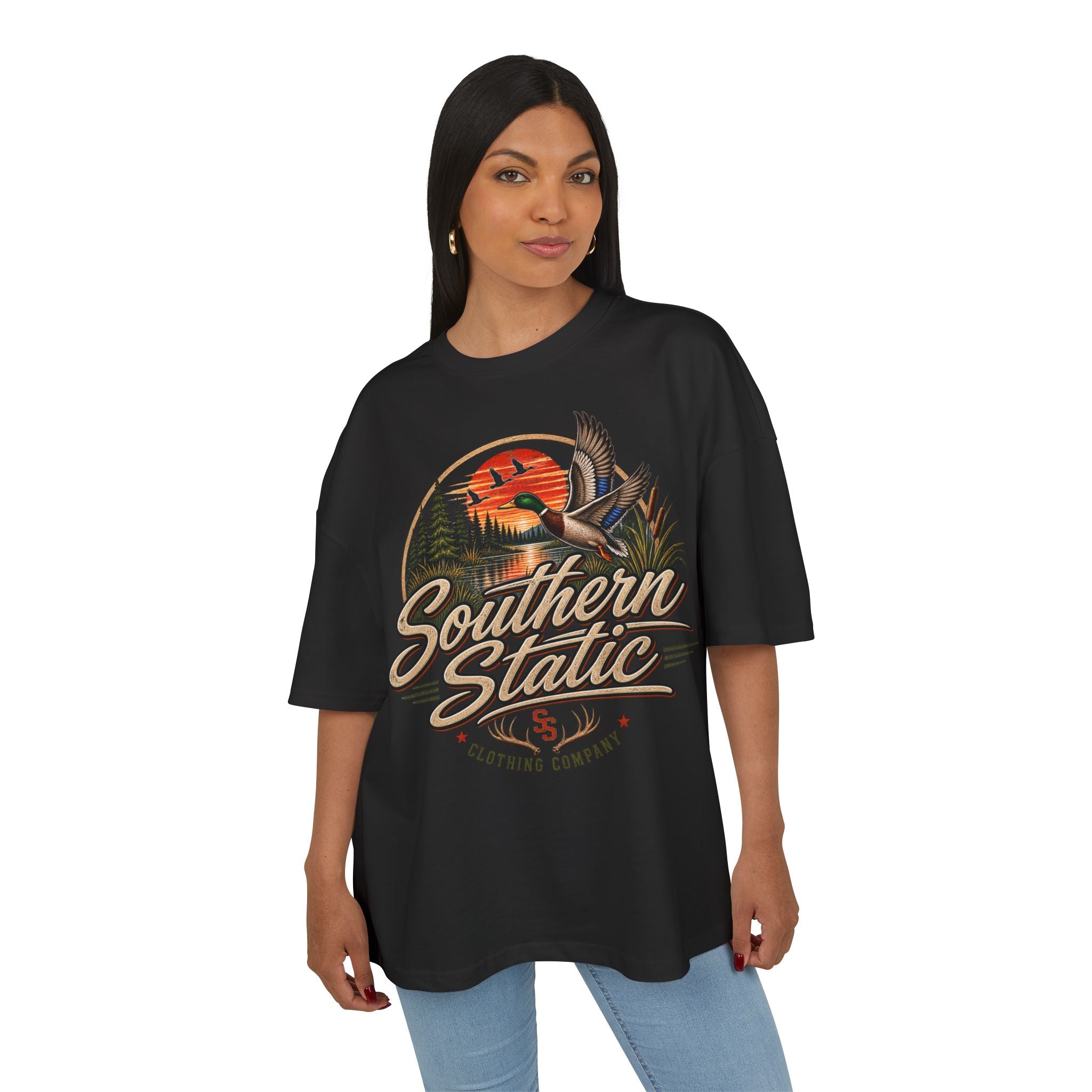 Southern Static Duck Hunting Tee — Retro Outdoors Sunset Graphic Shirt