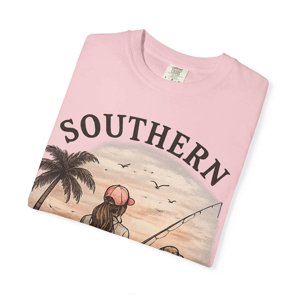 Southern Static Fishing T-Shirt — Woman & Dog Beach Sunset Tee