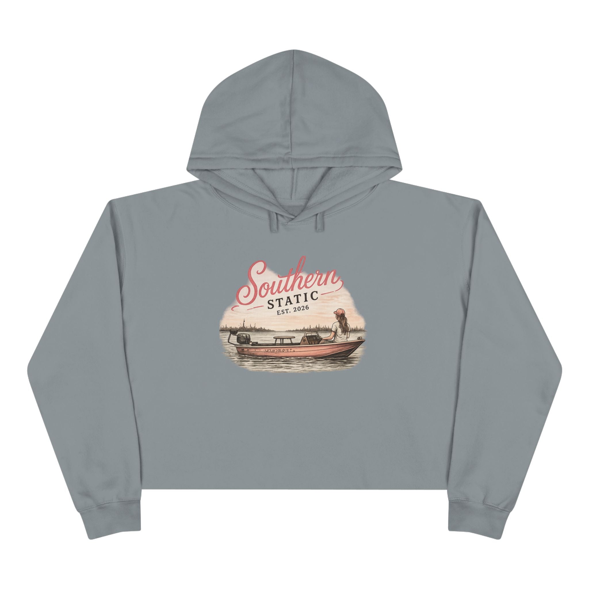 Southern Static Crop Hoodie — Vintage Boat Graphic