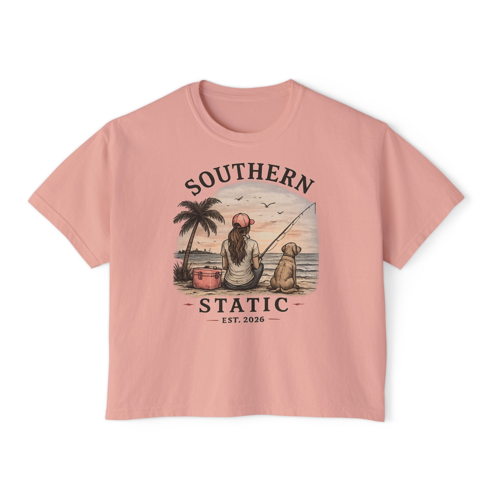 Southern Static Fishing Boxy Tee — Women's Beach Sunset Graphic T-Shirt