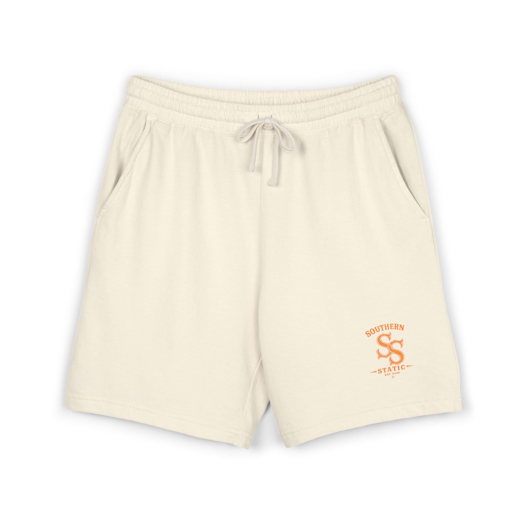 Lightweight Garment-Dyed Fleece Sweat Shorts — Cream with Orange ‘SS Southern’ Logo