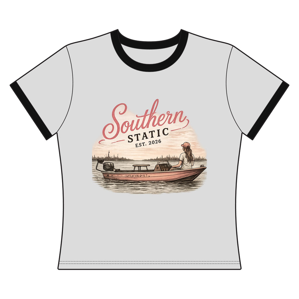 Southern Static Boat Ringer Tee — Women's Fishing Graphic Shirt