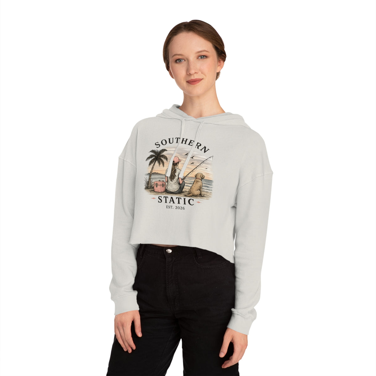 Southern Static Cropped Hoodie – Coastal Sunset Graphic