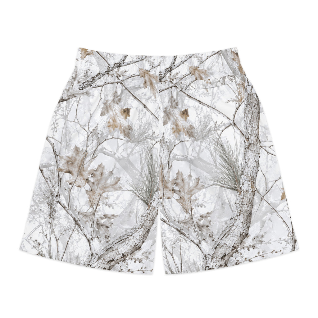 Winter Snow Camo Jogger Shorts — White Forest All-Over Print