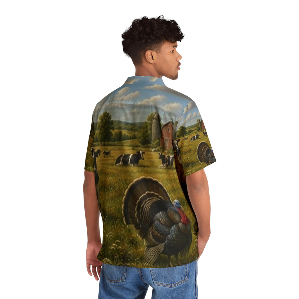 Men's Hawaiian Shirt - Rustic Farmfield Pattern with Cows & Barrel Scene