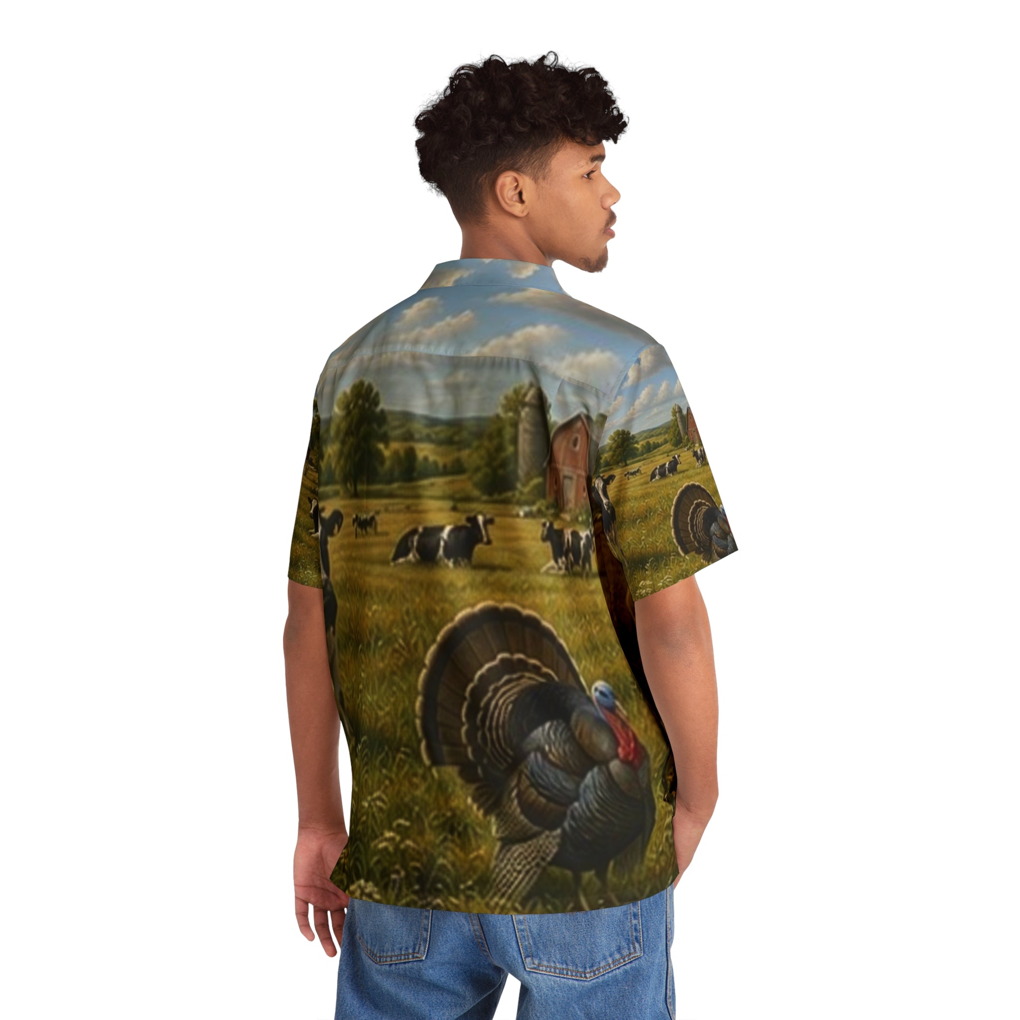 Men's Hawaiian Shirt - Rustic Farmfield Pattern with Cows & Barrel Scene