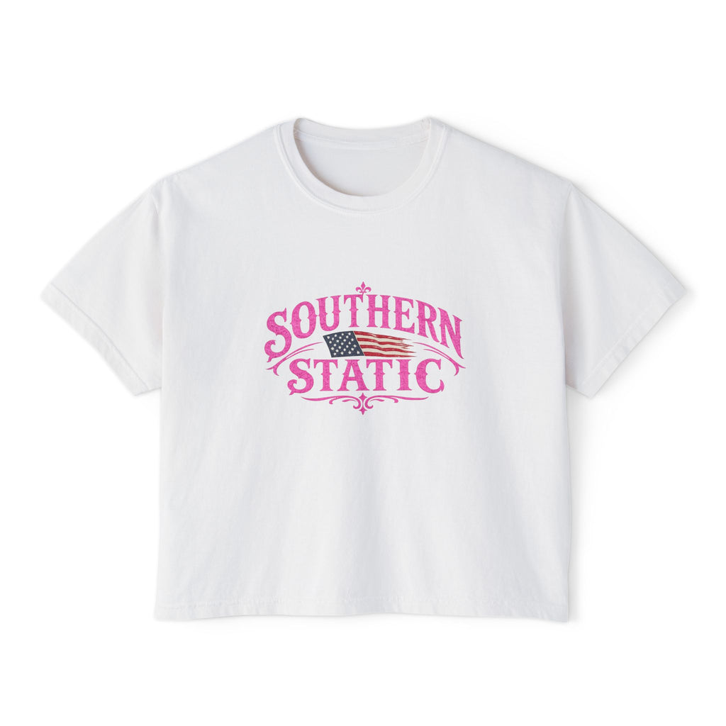 Southern Static Women's Boxy Tee — Pink Vintage Flag Graphic