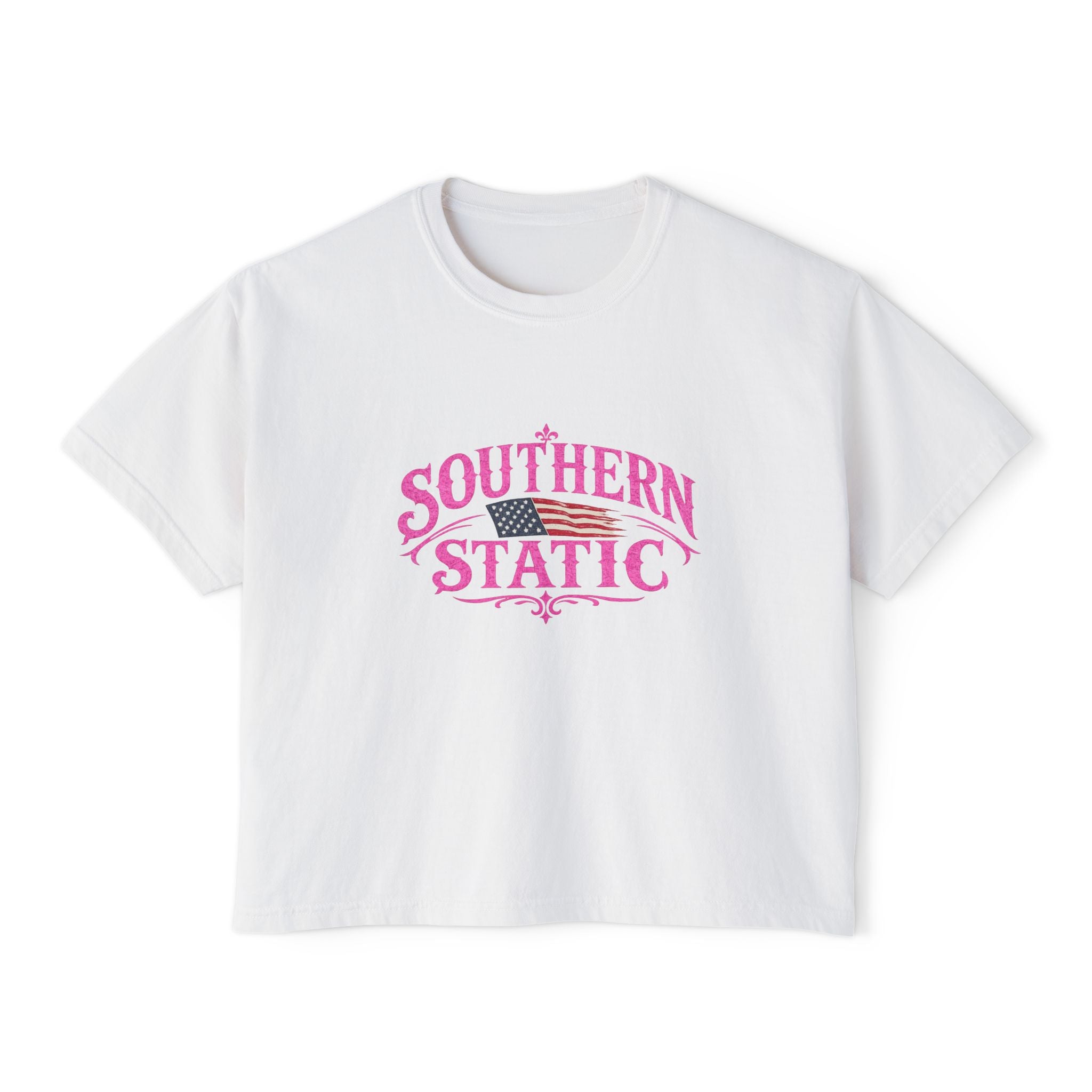Southern Static Women's Boxy Tee — Pink Vintage Flag Graphic