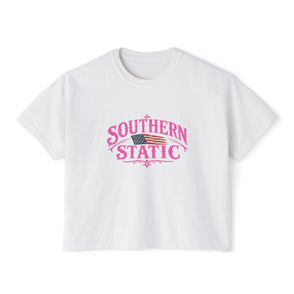 Southern Static Women's Boxy Tee — Pink Vintage Flag Graphic