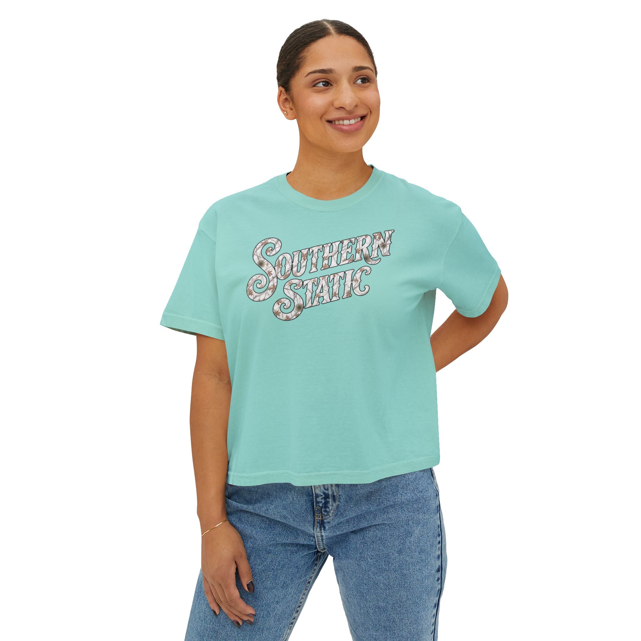 Southern Static Women's Boxy Tee — Retro Script Graphic Crop T-Shirt