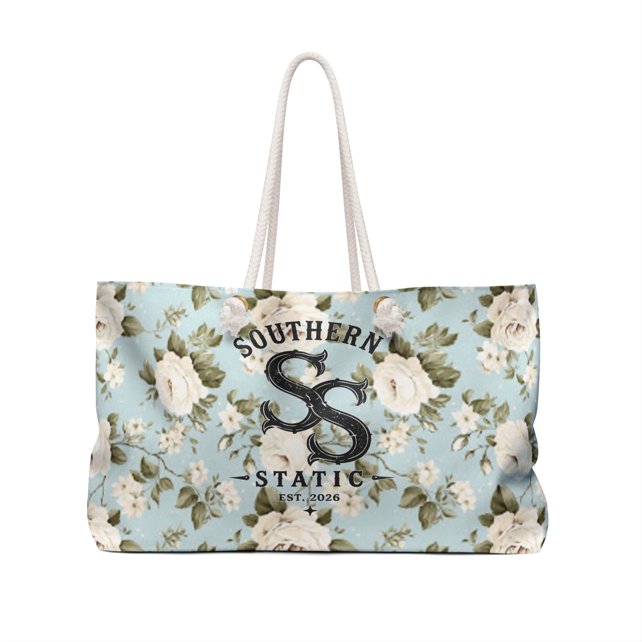 Southern Static Floral Weekender Bag — Blue Vintage Rose Travel Tote