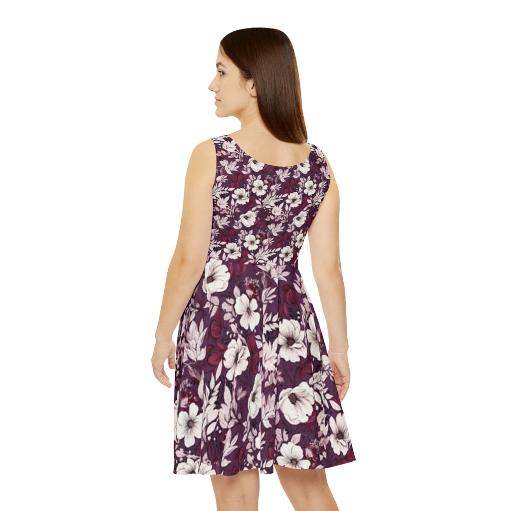 Floral Plum Skater Dress — Vintage White Hibiscus Print