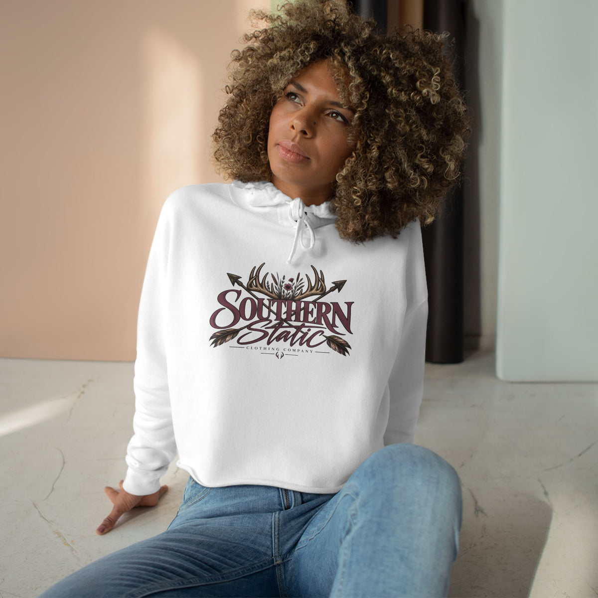 Southern Static Crop Hoodie - Women’s Cropped Pullover with Antler & Arrow Graphic