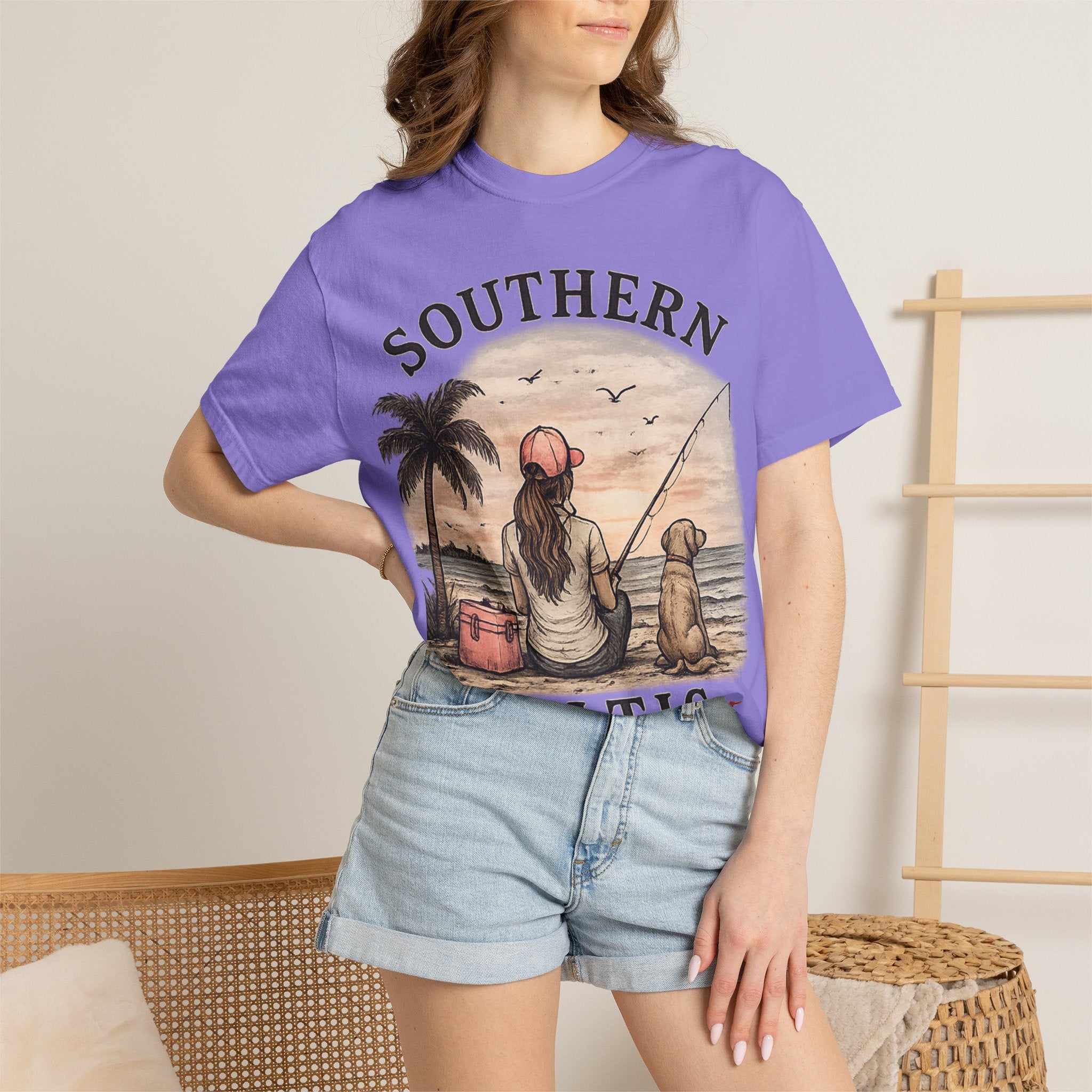 Southern Static Fishing T-Shirt — Woman & Dog Beach Sunset Tee
