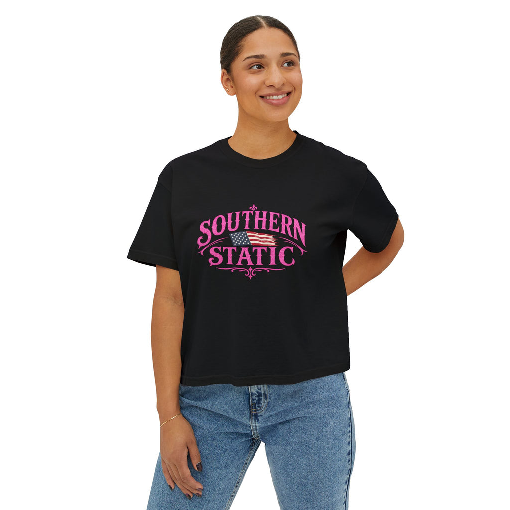 Southern Static Women's Boxy Tee — Pink Vintage Flag Graphic