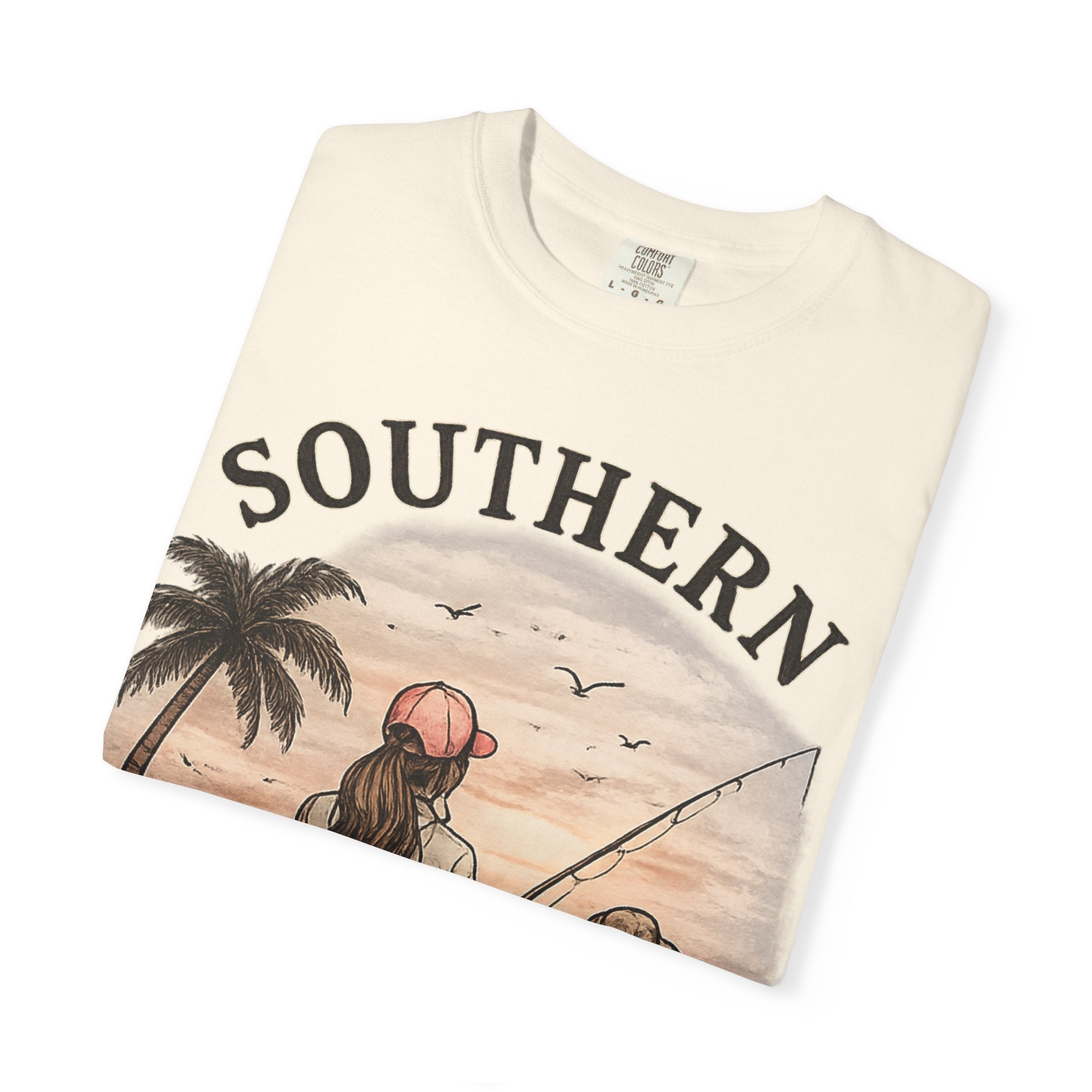 Southern Static Fishing T-Shirt — Woman & Dog Beach Sunset Tee