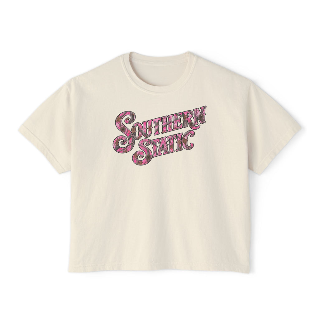 Southern Static Camo Boxy Tee — Women's Cropped Graphic T-Shirt