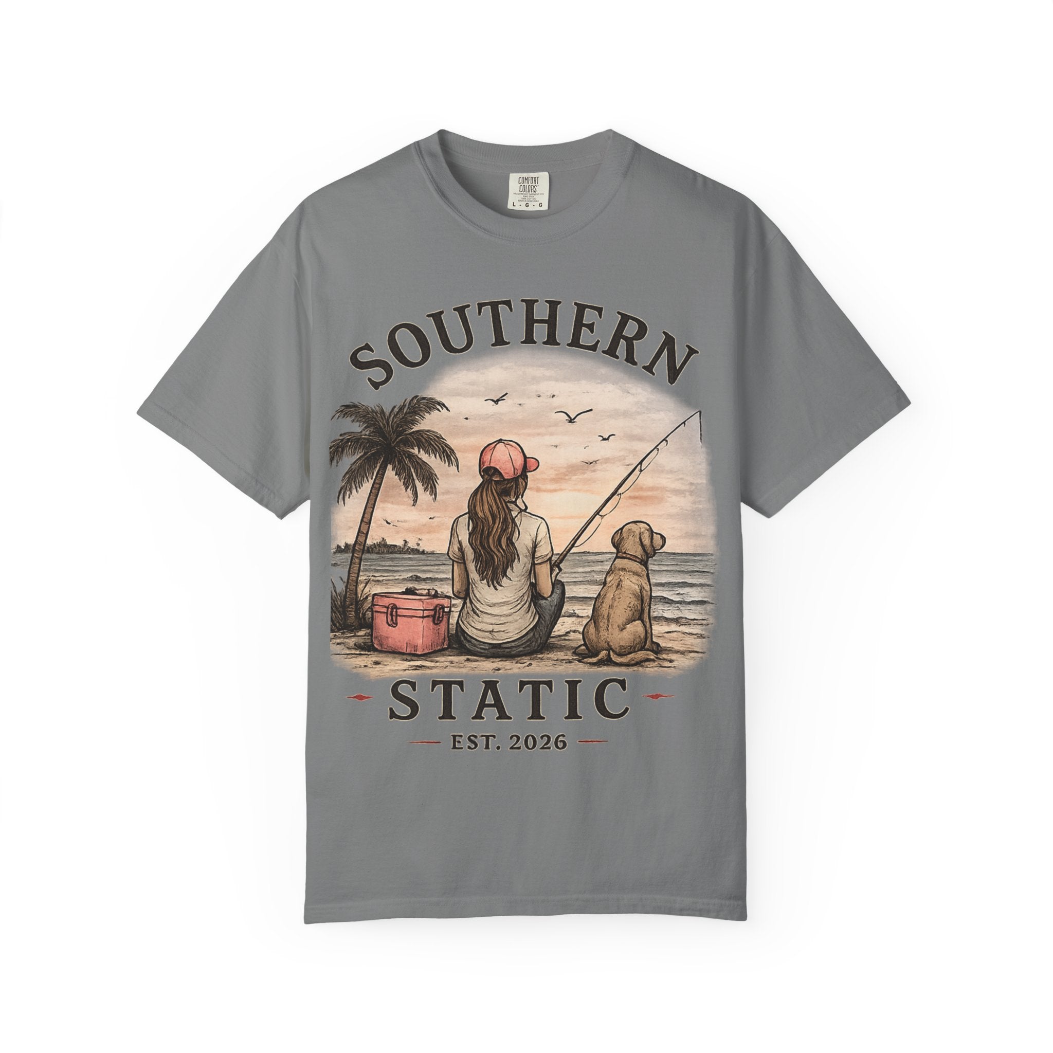 Southern Static Fishing T-Shirt — Woman & Dog Beach Sunset Tee