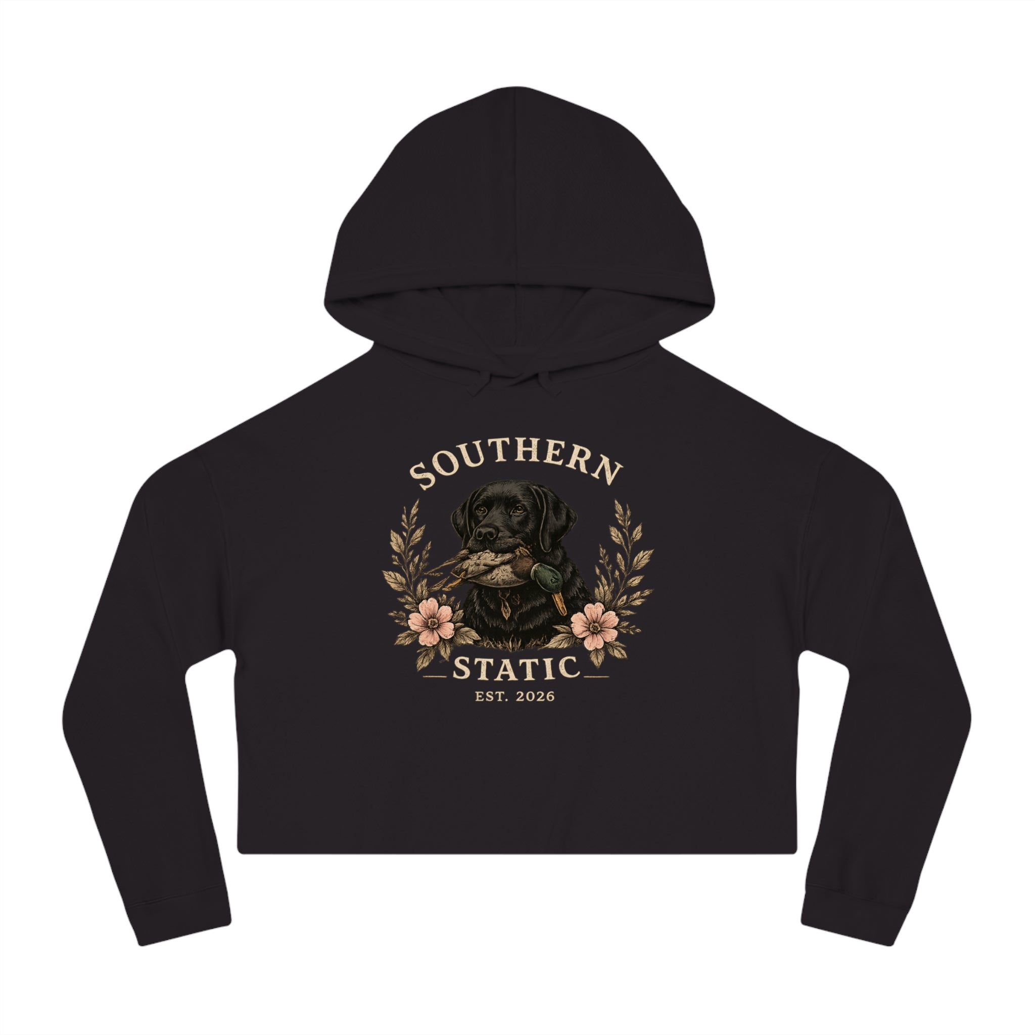 Southern Stocking Cropped Hoodie — Black Lab Floral Logo