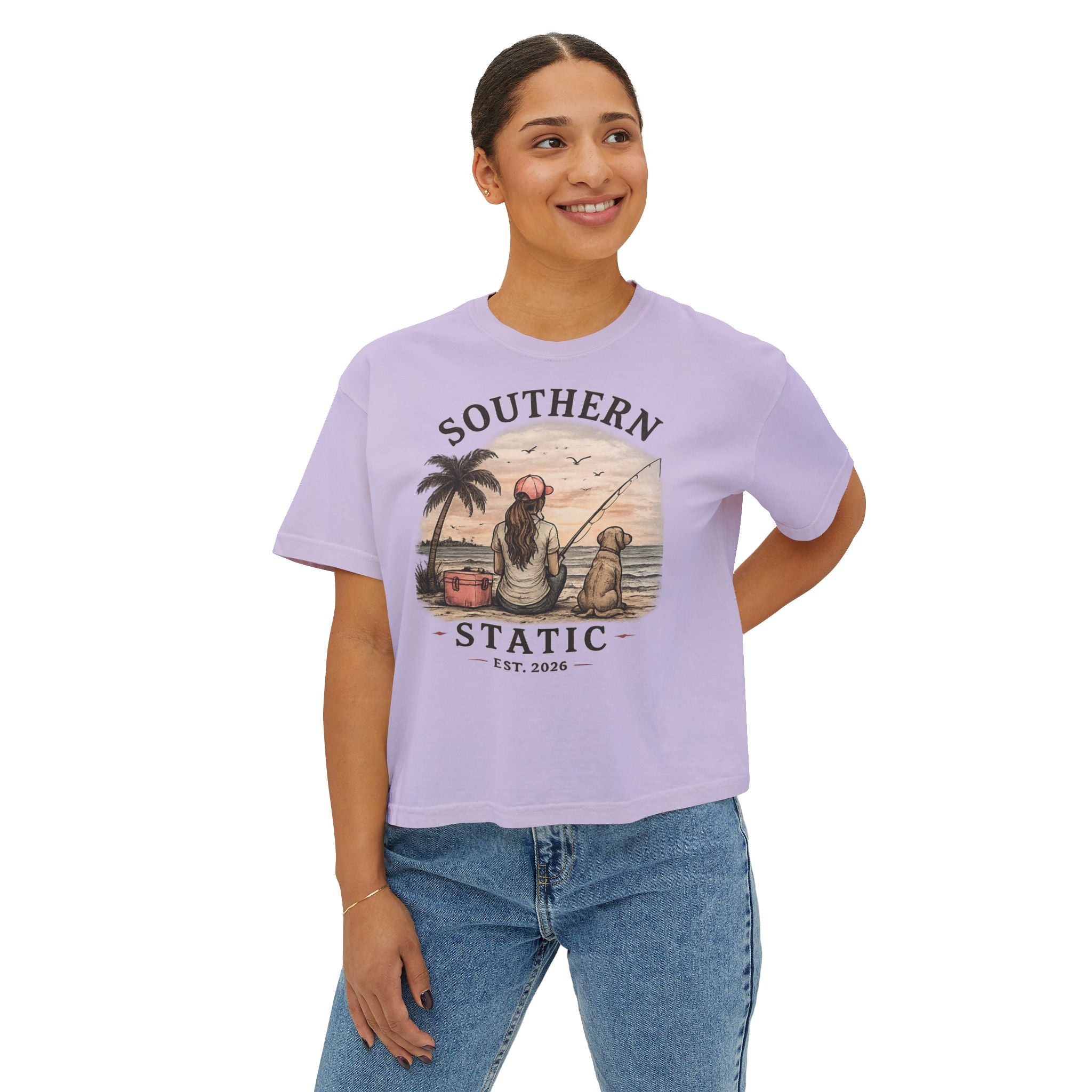 Southern Static Fishing Boxy Tee — Women's Beach Sunset Graphic T-Shirt