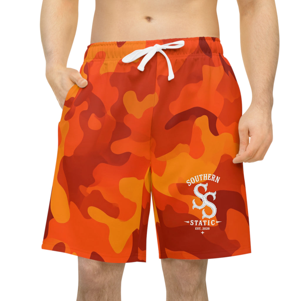 Orange Camo Athletic Long Shorts — Southern Static Logo Performance Beach & Workout Shorts