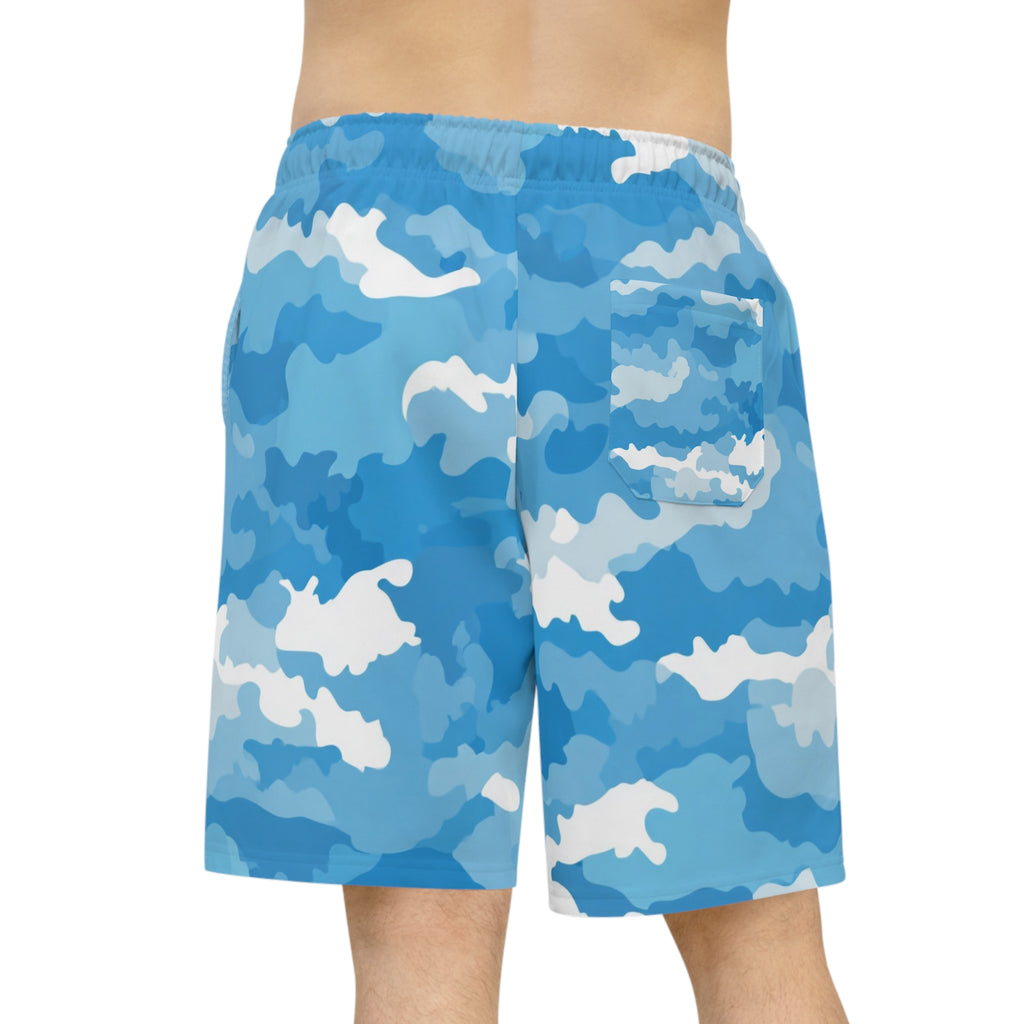 Blue Camo Athletic Long Shorts — Half-Print Performance Shorts