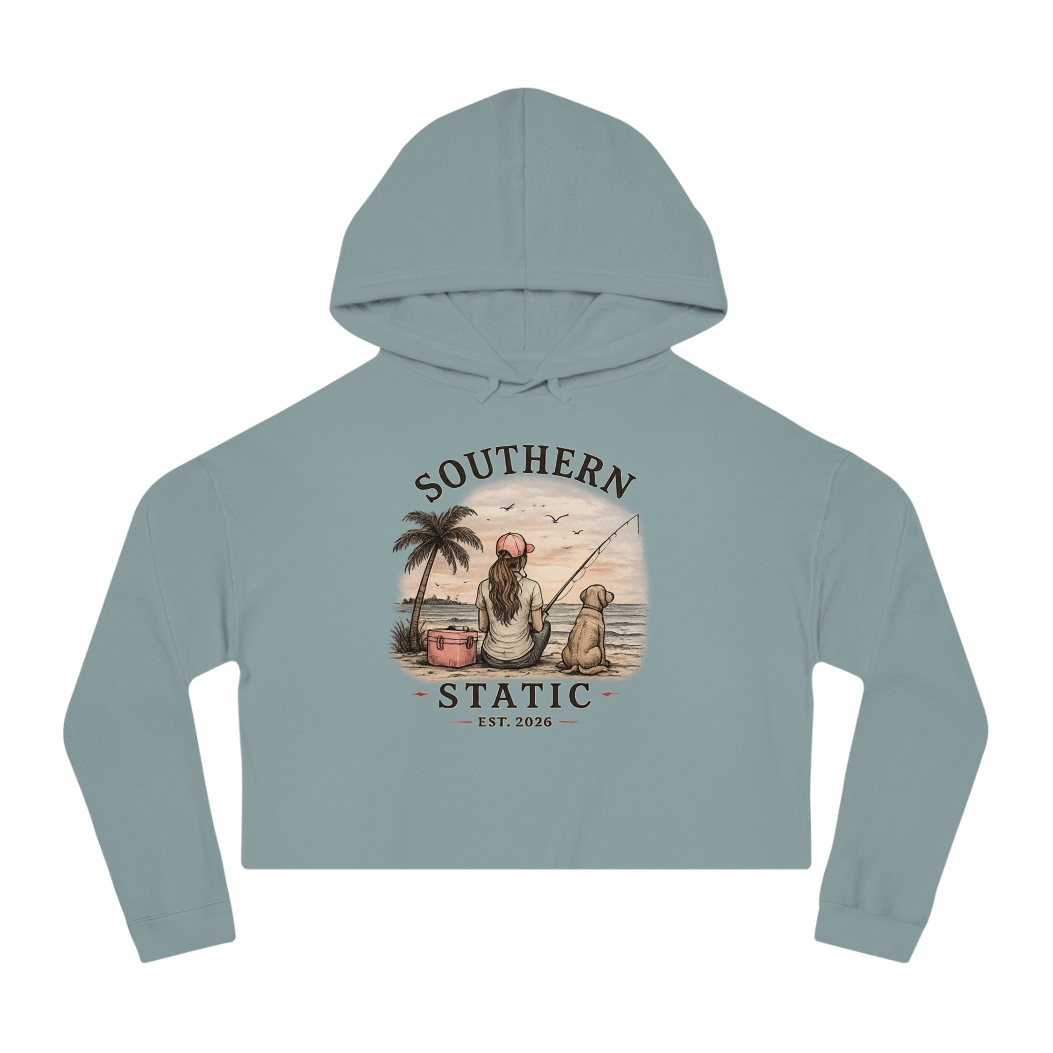 Southern Static Cropped Hoodie – Coastal Sunset Graphic