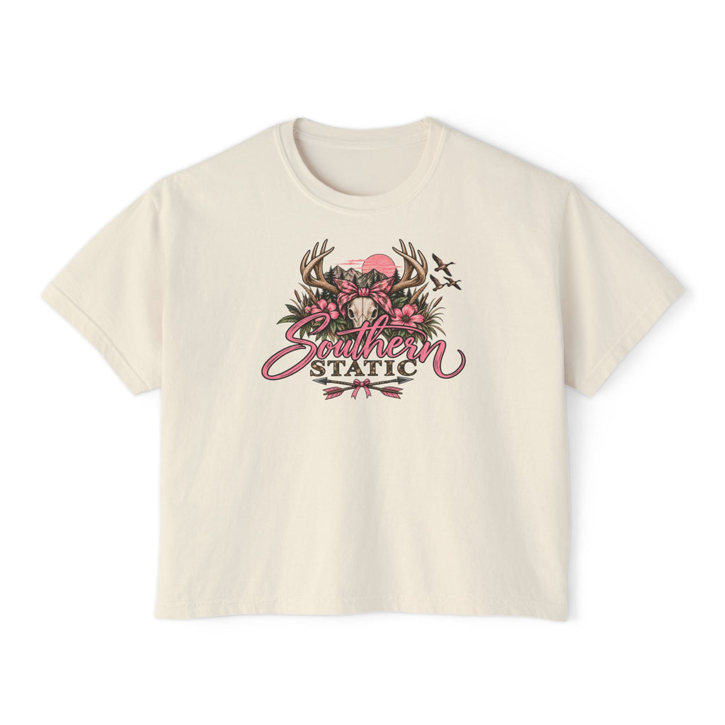 Women's Boxy Tee — Southern Static Floral Antlers Graphic