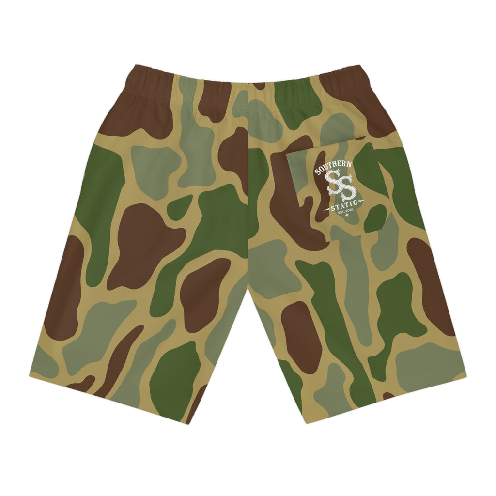 Camo Athletic Long Shorts — Green Woodland Camouflage Performance Shorts
