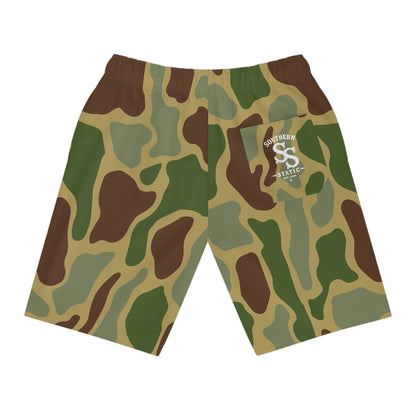 Camo Athletic Long Shorts — Green Woodland Camouflage Performance Shorts