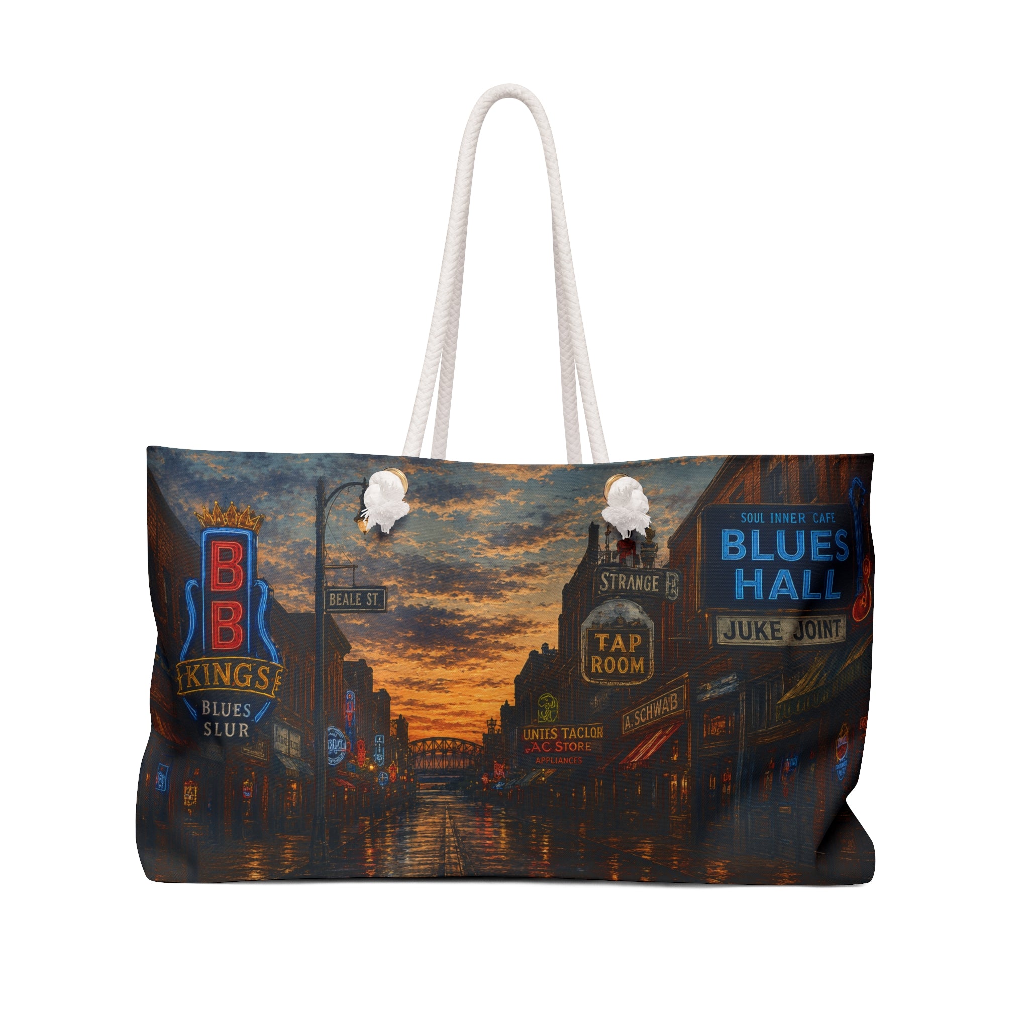 Blues District Nightscape Weekender Bag | Neon Juke Joint Street Scene