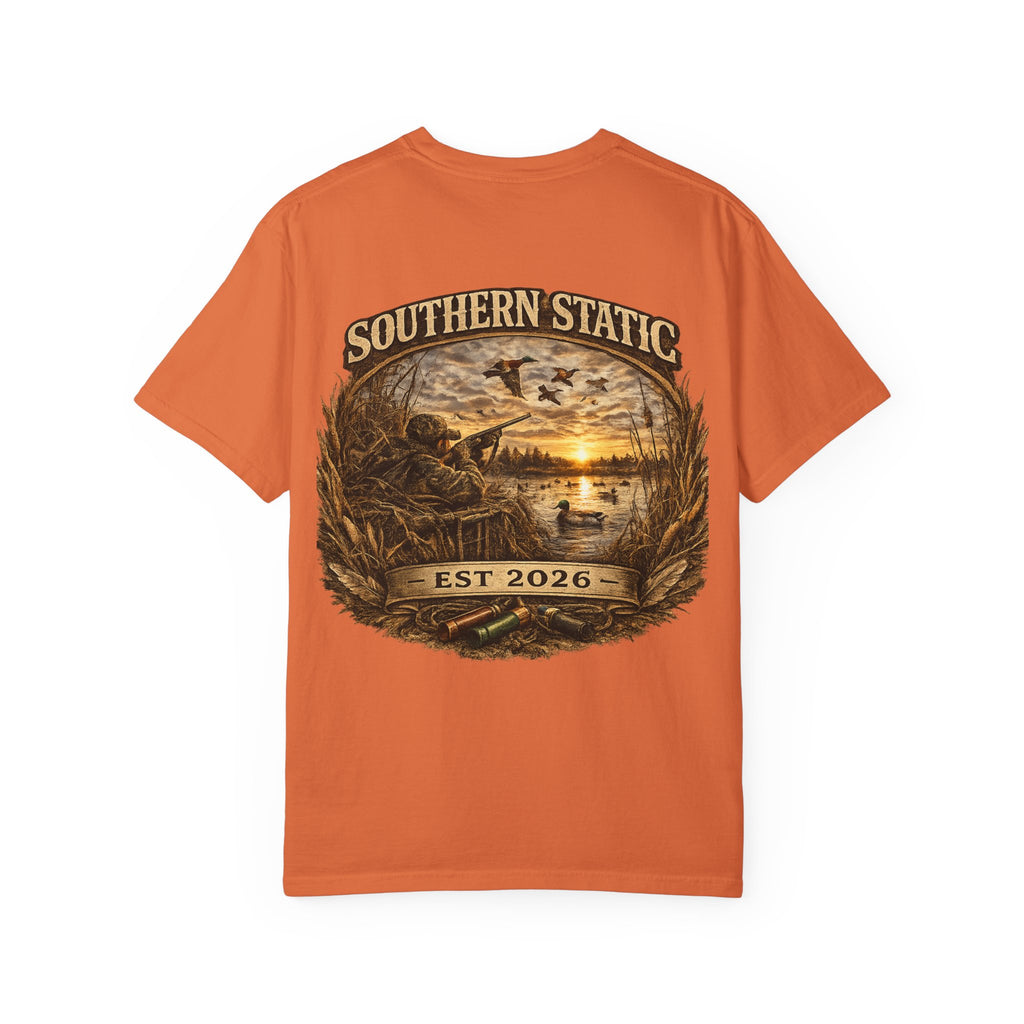 Southern Static Hunting Scene T-shirt | Duck Blind Sunset EST 2026